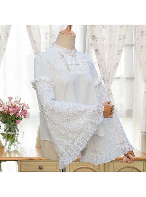 Flowery Dreams Series Chinese Style Full Lace Big Cuff Classic Lolita White Long Sleeve Shirt