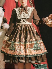 Christmas Story Series OP Christmas Printing Sweet Lolita Winter Brown Long Sleeve Dress