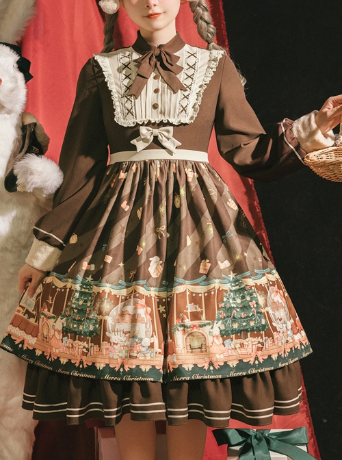 Christmas Story Series OP Christmas Printing Sweet Lolita Winter Brown Long Sleeve Dress