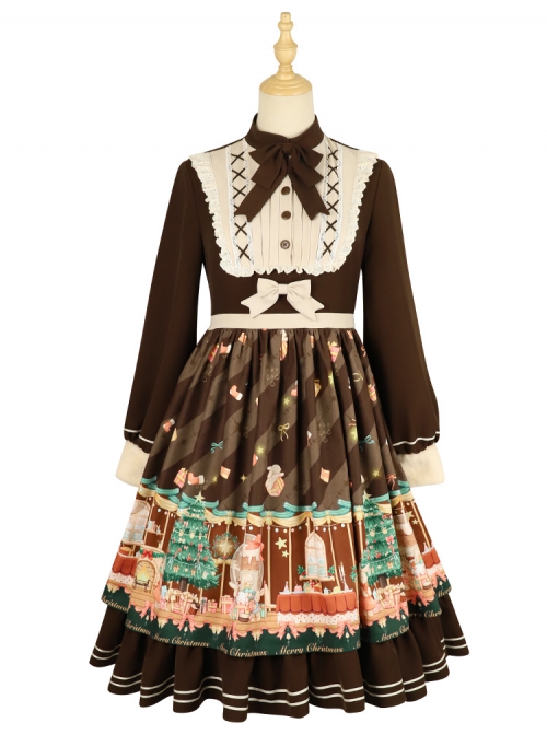 Christmas Story Series OP Christmas Printing Sweet Lolita Winter Brown Long Sleeve Dress