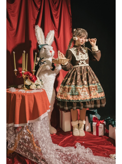 Christmas Story Series OP Christmas Printing Sweet Lolita Winter Brown Long Sleeve Dress