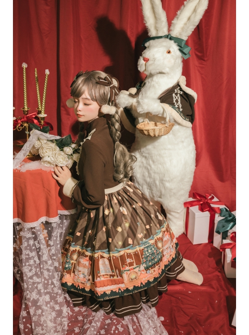 Christmas Story Series OP Christmas Printing Sweet Lolita Winter Brown Long Sleeve Dress