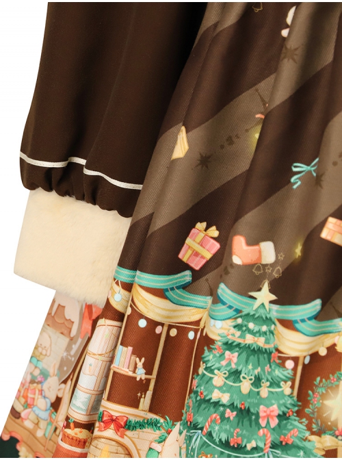 Christmas Story Series OP Christmas Printing Sweet Lolita Winter Brown Long Sleeve Dress