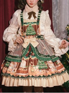 Christmas Story Series JSK Bowknot Christmas Printing Sweet Lolita Green Back Straps Dress Set