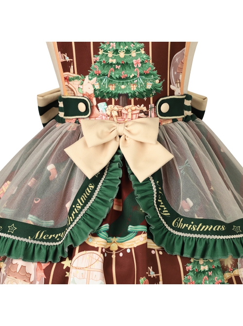 Christmas Story Series JSK Bowknot Christmas Printing Sweet Lolita Green Back Straps Dress Set