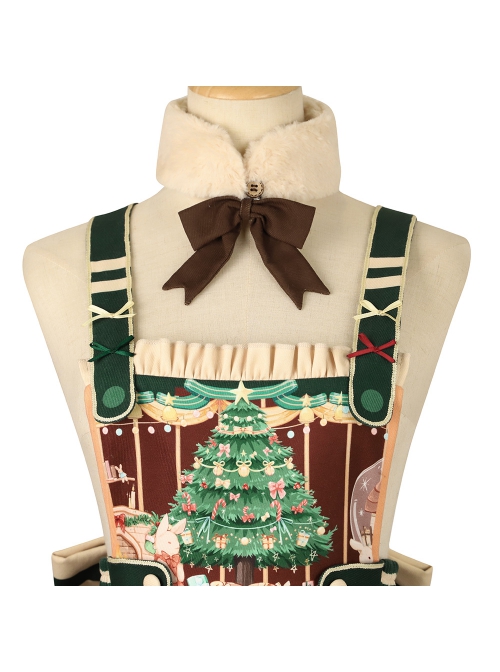 Christmas Story Series JSK Bowknot Christmas Printing Sweet Lolita Green Back Straps Dress Set