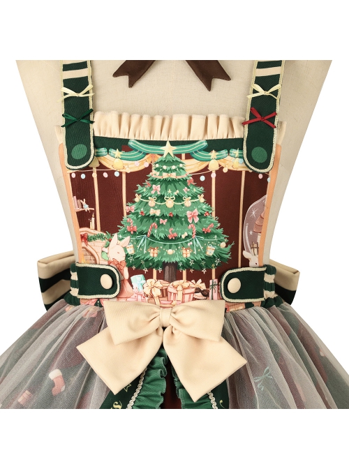 Christmas Story Series JSK Bowknot Christmas Printing Sweet Lolita Green Back Straps Dress Set