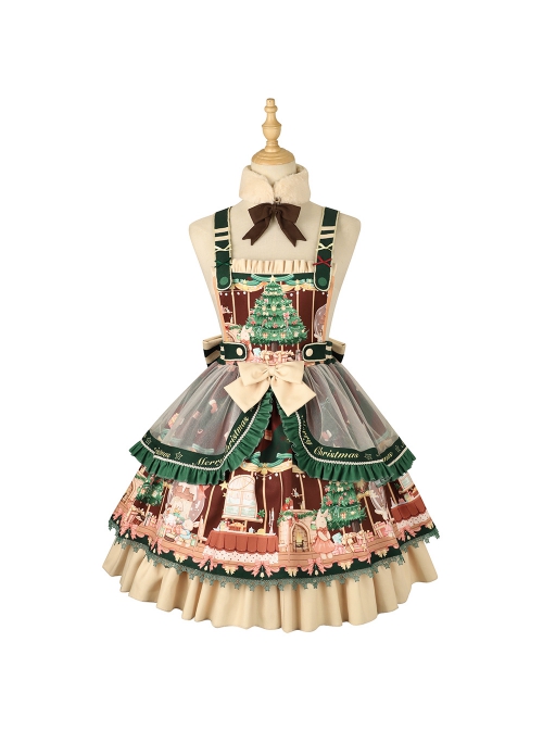 Christmas Story Series JSK Bowknot Christmas Printing Sweet Lolita Green Back Straps Dress Set