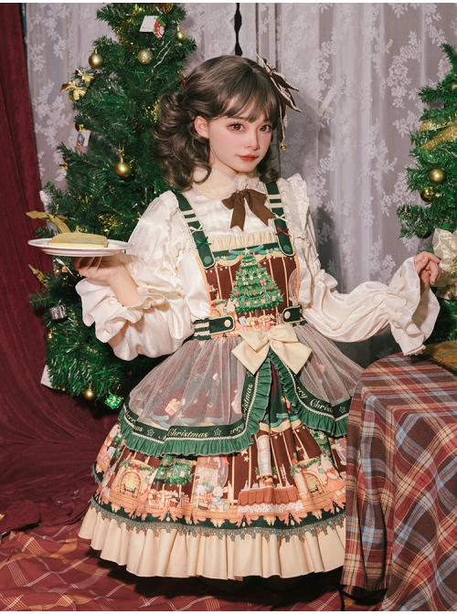 Christmas Story Series JSK Bowknot Christmas Printing Sweet Lolita Green Back Straps Dress Set