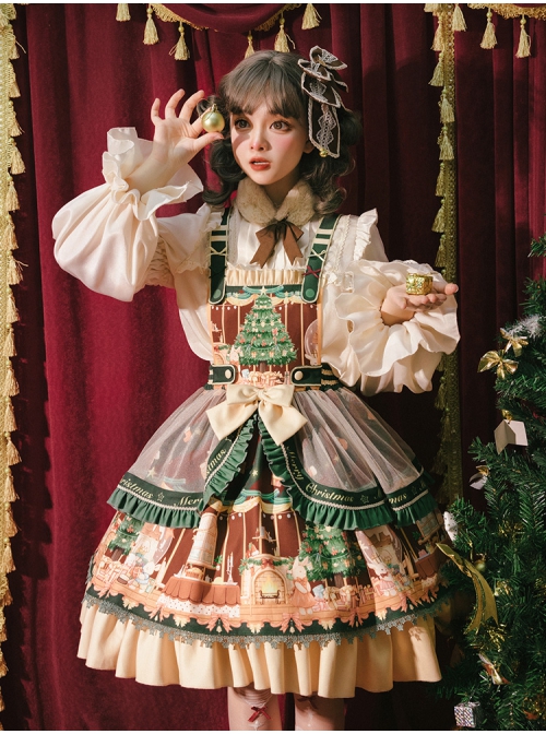 Christmas Story Series JSK Bowknot Christmas Printing Sweet Lolita Green Back Straps Dress Set