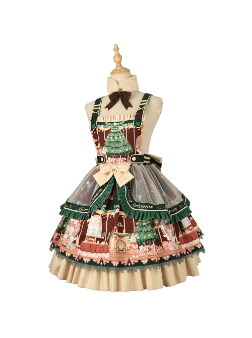 Christmas Story Series JSK Bowknot Christmas Printing Sweet Lolita Green Back Straps Dress Set