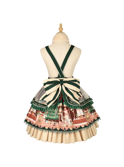 Christmas Story Series JSK Bowknot Christmas Printing Sweet Lolita Green Back Straps Dress Set