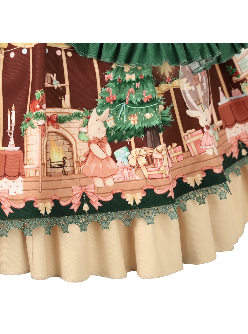 Christmas Story Series JSK Bowknot Christmas Printing Sweet Lolita Green Back Straps Dress Set