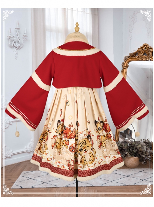 Chinese New Year Style Cute Tigers Printing JSK Sweet Lolita Winter Red Sleeveless Dress Short Coat Set