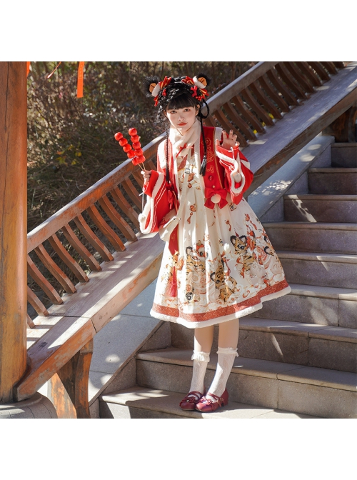 Chinese New Year Style Cute Tigers Printing JSK Sweet Lolita Winter Red Sleeveless Dress Short Coat Set