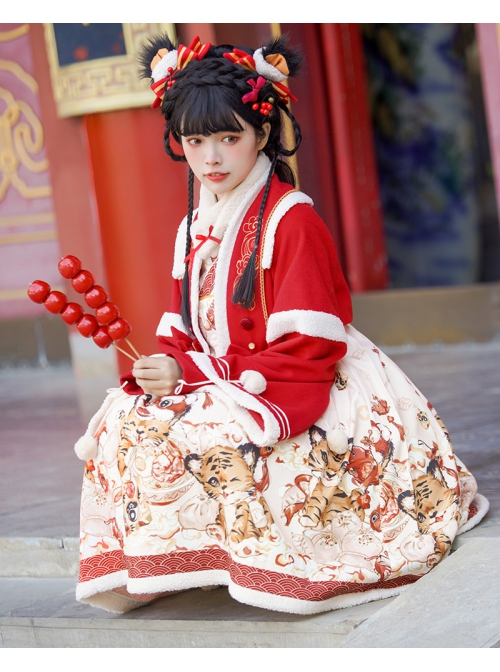 Chinese New Year Style Cute Tigers Printing JSK Sweet Lolita Winter Red Sleeveless Dress Short Coat Set