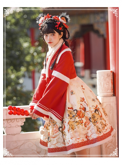 Chinese New Year Style Cute Tigers Printing JSK Sweet Lolita Winter Red Sleeveless Dress Short Coat Set