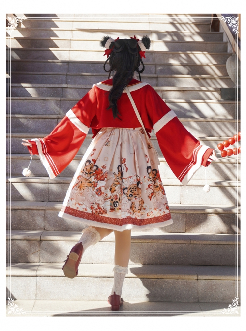 Chinese New Year Style Cute Tigers Printing JSK Sweet Lolita Winter Red Sleeveless Dress Short Coat Set