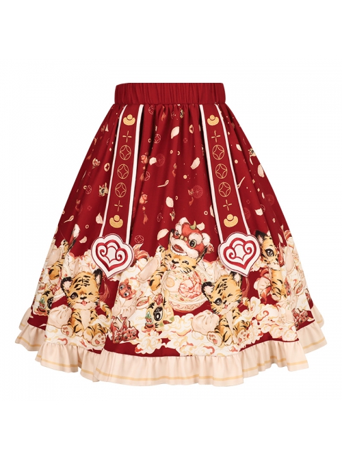 Cute Tigers Printing SK Chinese New Year Style Sweet Lolita Winter Red Skirt Top Vest Full Set