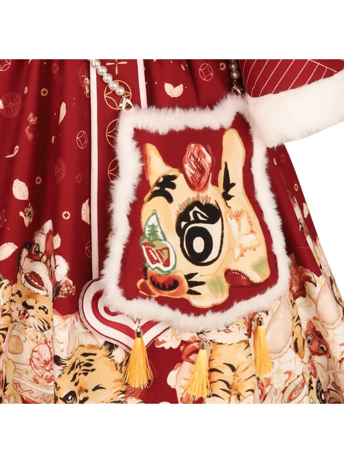 Cute Tigers Printing SK Chinese New Year Style Sweet Lolita Winter Red Skirt Top Vest Full Set