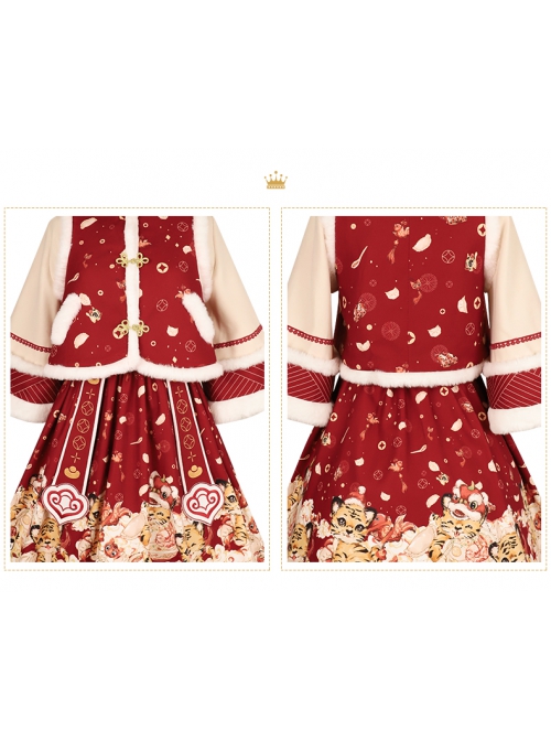 Cute Tigers Printing SK Chinese New Year Style Sweet Lolita Winter Red Skirt Top Vest Full Set