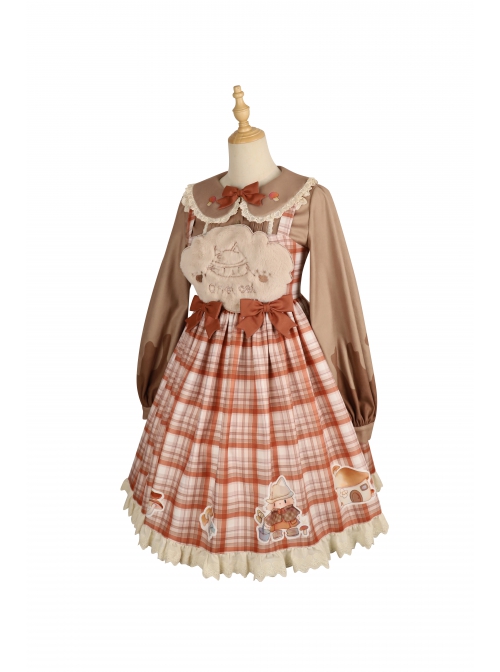 Mushroom Raccoon Series JSK Retro Pastoral Style Sweet Lolita Brown Sling Dress Shirt Set