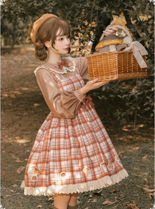 Mushroom Raccoon Series JSK Retro Pastoral Style Sweet Lolita Brown Sling Dress Shirt Set