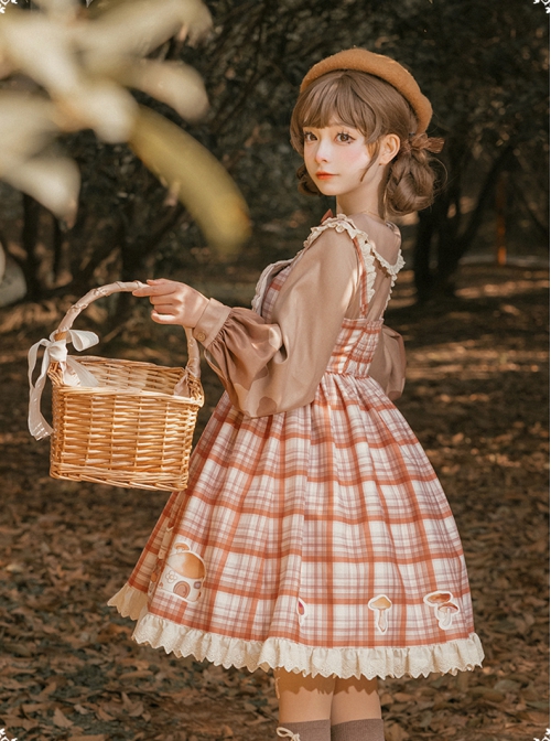 Pastoral Brown Sling Lolita Series Shirt Dress Mushroom Sweet Style JSK Raccoon Retro Set