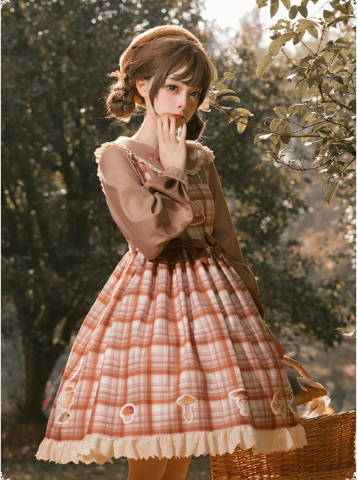 Mushroom Raccoon Series JSK Retro Pastoral Style Sweet Lolita Brown Sling Dress Shirt Set