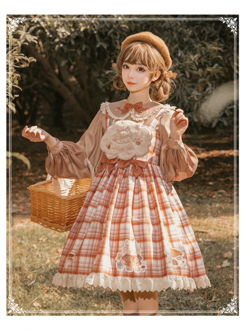 Mushroom Raccoon Series JSK Retro Pastoral Style Sweet Lolita Brown Sling Dress Shirt Set