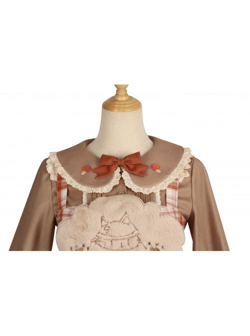 Mushroom Raccoon Series JSK Retro Pastoral Style Sweet Lolita Brown Sling Dress Shirt Set