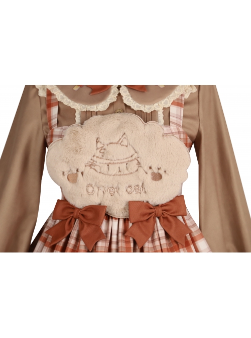 Mushroom Raccoon Series JSK Retro Pastoral Style Sweet Lolita Brown Sling Dress Shirt Set