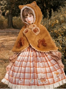 Mushroom Raccoon Series Winter Warm Sweet Lolita Brown Short Plush Hooded Cloak