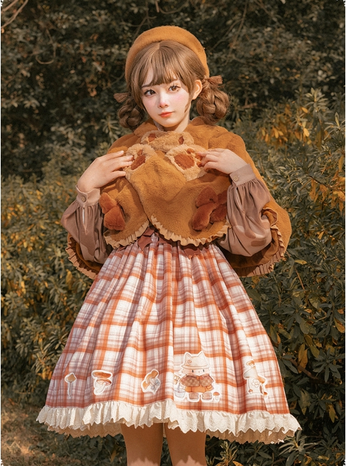 Mushroom Raccoon Series Winter Warm Sweet Lolita Brown Short Plush Hooded Cloak