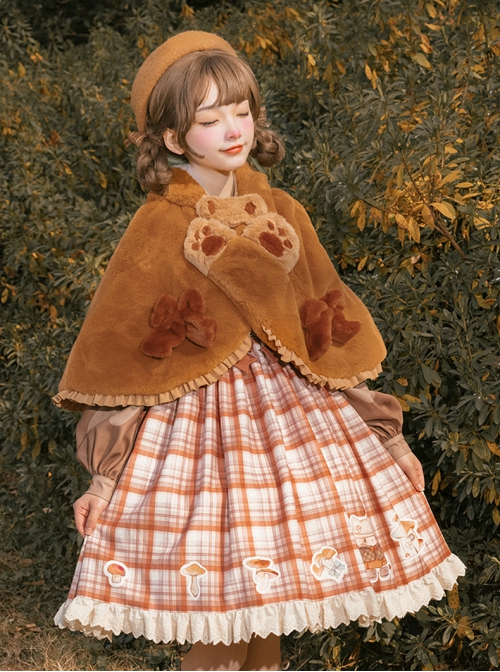 Mushroom Raccoon Series Winter Warm Sweet Lolita Brown Short Plush Hooded Cloak