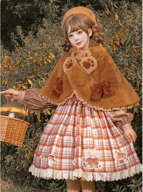 Mushroom Raccoon Series Winter Warm Sweet Lolita Brown Short Plush Hooded Cloak