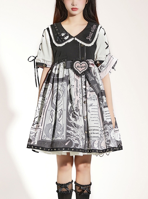 Little Tengu Series OP Doll Collar Printing Black Cute Gothic Lolita Short Sleeve Dress