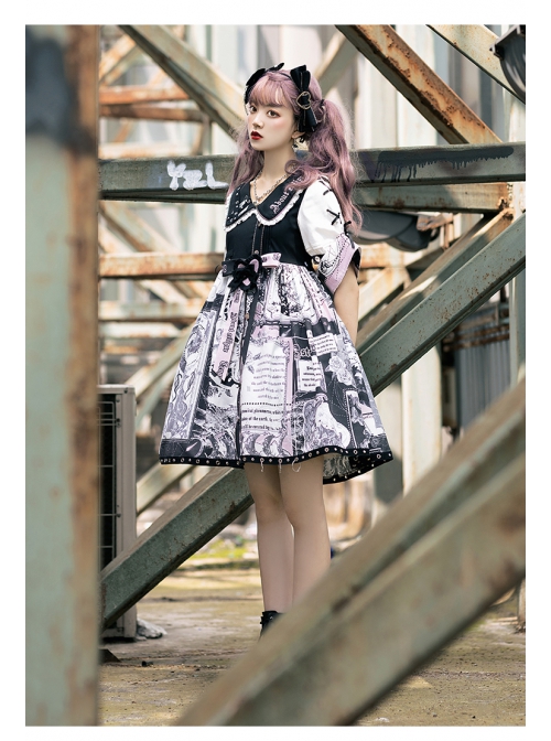 Little Tengu Series OP Doll Collar Printing Black Cute Gothic Lolita Short Sleeve Dress