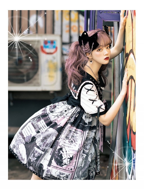 Little Tengu Series OP Doll Collar Printing Black Cute Gothic Lolita Short Sleeve Dress