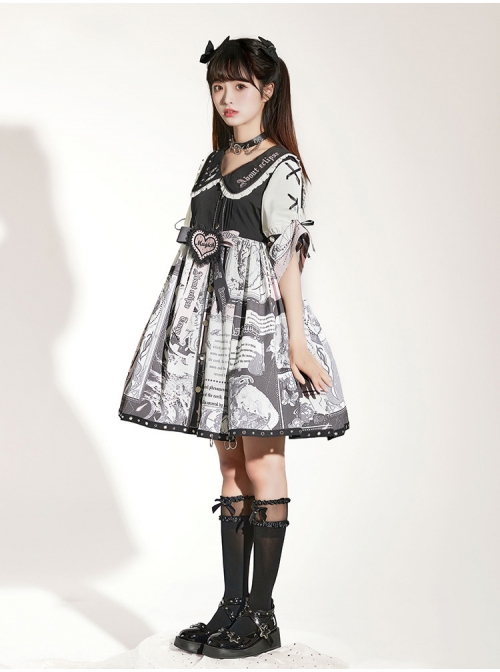 Little Tengu Series OP Doll Collar Printing Black Cute Gothic Lolita Short Sleeve Dress