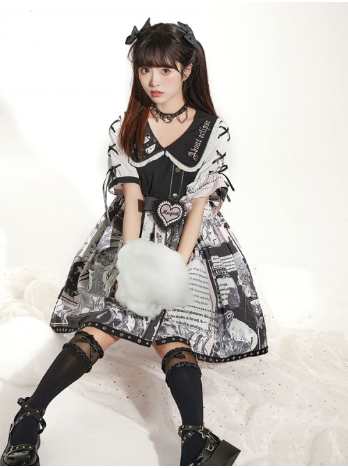 Little Tengu Series OP Doll Collar Printing Black Cute Gothic Lolita Short Sleeve Dress