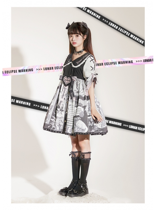 Little Tengu Series OP Doll Collar Printing Black Cute Gothic Lolita Short Sleeve Dress