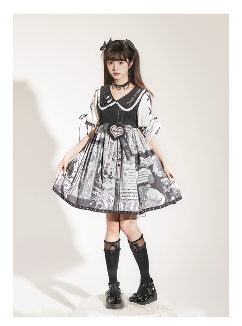 Little Tengu Series OP Doll Collar Printing Black Cute Gothic Lolita Short Sleeve Dress