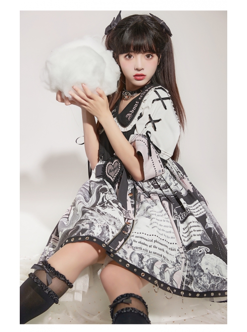 Little Tengu Series OP Doll Collar Printing Black Cute Gothic Lolita Short Sleeve Dress