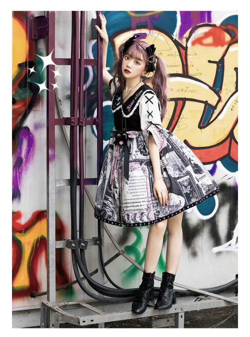 Little Tengu Series OP Doll Collar Printing Black Cute Gothic Lolita Short Sleeve Dress