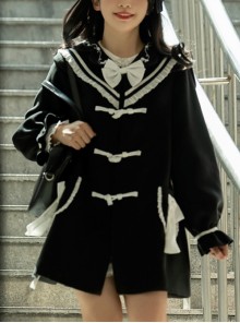 Nautical Diary Series College Style White Bowknot School Lolita Mid-length Black Woolen Coat