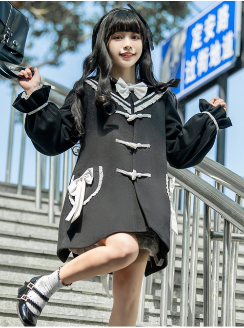 Nautical Diary Series College Style White Bowknot School Lolita Mid-length Black Woolen Coat