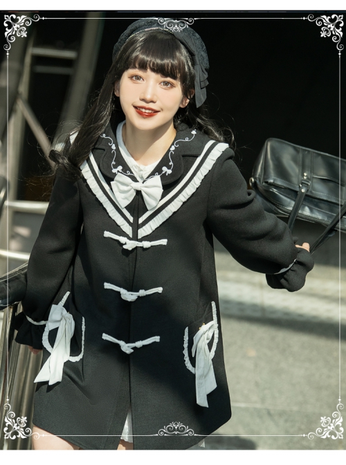 Nautical Diary Series College Style White Bowknot School Lolita Mid-length Black Woolen Coat