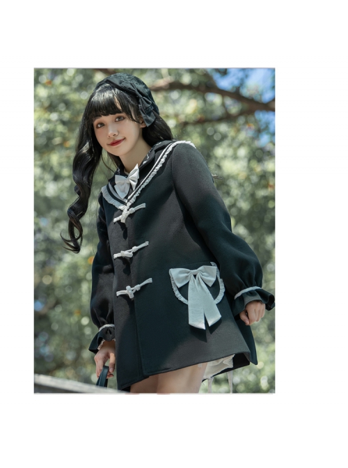 Nautical Diary Series College Style White Bowknot School Lolita Mid-length Black Woolen Coat