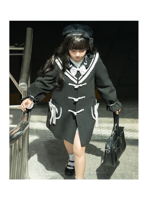 Nautical Diary Series College Style White Bowknot School Lolita Mid-length Black Woolen Coat